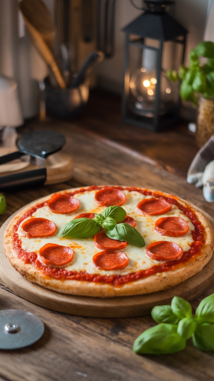 Keto chicken pizza crust topped with cheese, pepperoni, and basil on a wooden table.